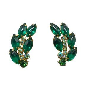 Vintage Juliana Gold Tone Green Rhinestone Bling Clip On Leaf Earrings